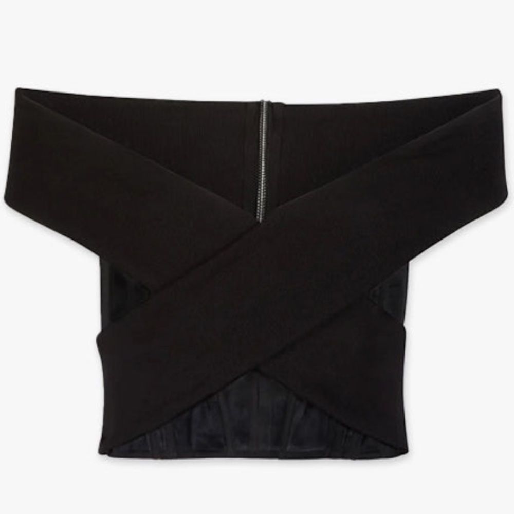 RtA Guadalupe Black Ribbed Cotton & Mesh Off the Shoulder Corset Style Crop Top
